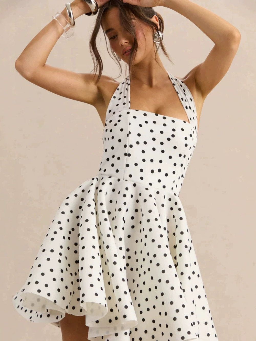 Zara Style Black White Polka Dot High Waist Slim A-Line Swing Dress